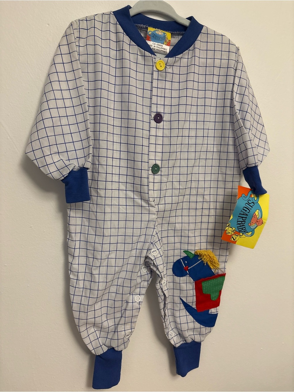 Vintage Sugar Baby Blue Grid Baby One-Piece Footless Romper from BiWay
